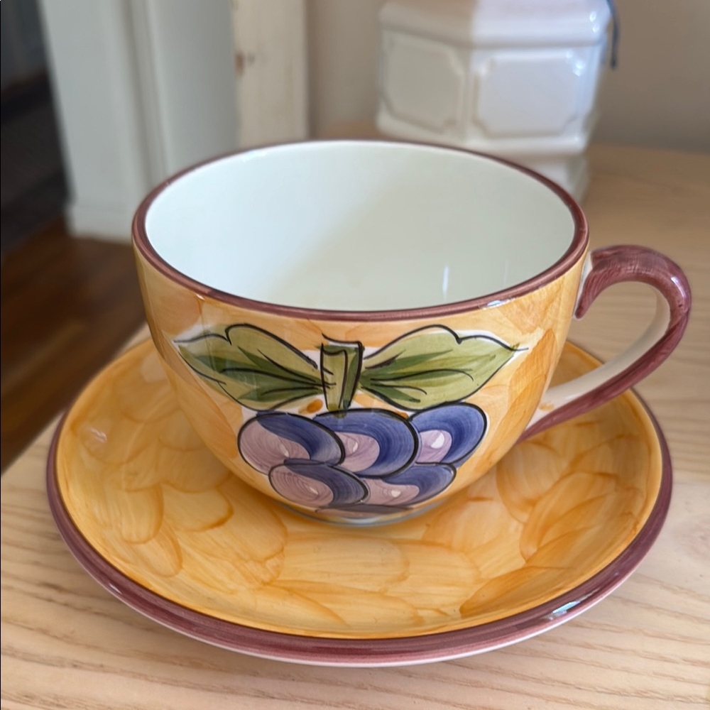Large Coffee Cup and Saucer. Ceramic with Colorful fruit design.